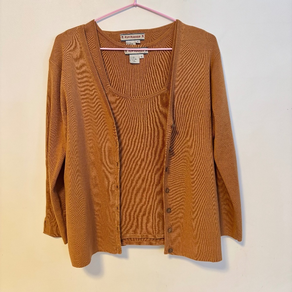 Rum Runner Silk Cotton Two Piece Sweater Set Sleeveless Tank Camel Tan Small